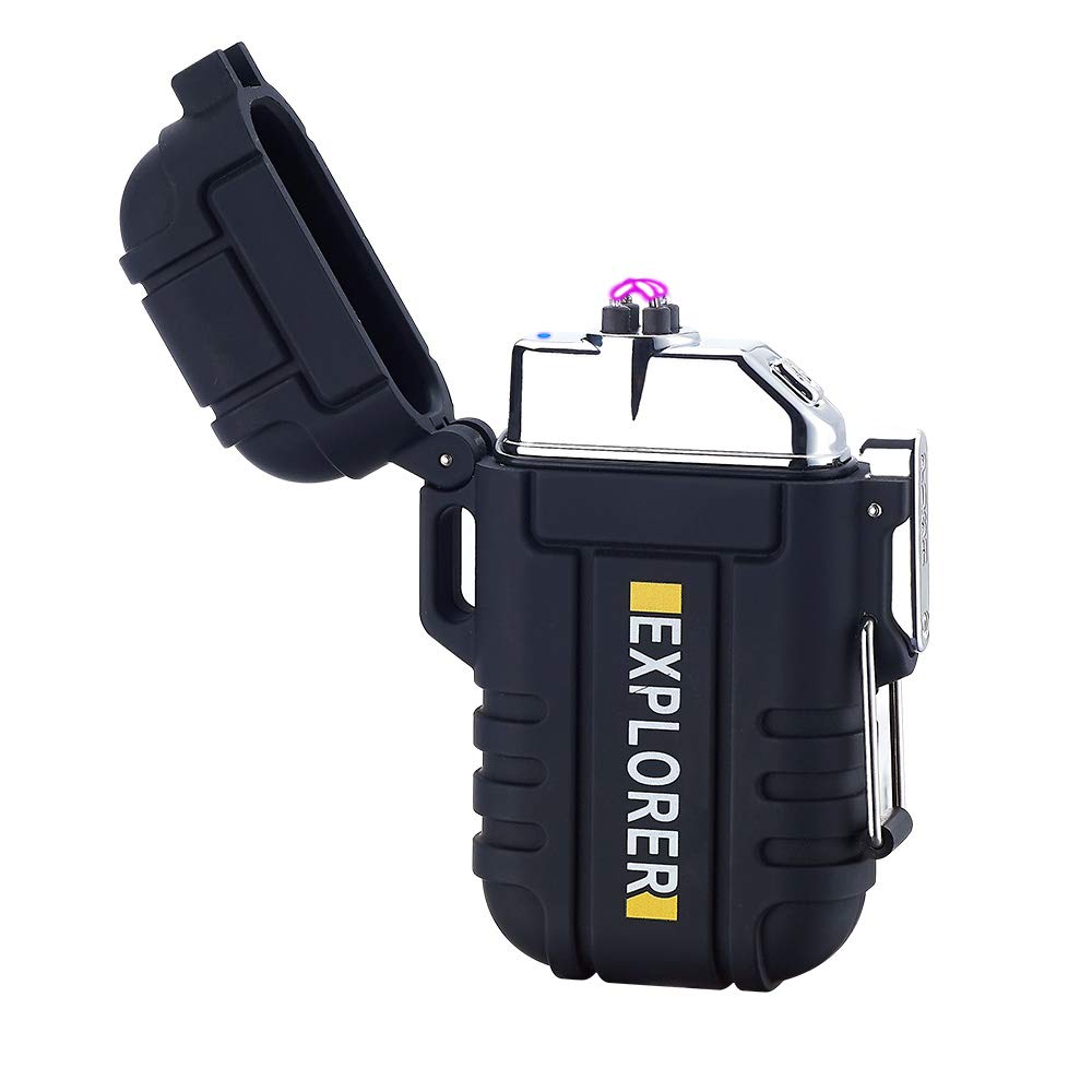 FLFIRAMER Waterproof Electric Lighter Plasam Dual ARC USB Rechargable Windproof Outdoor Lighter Camping Survival Tactical (Black)