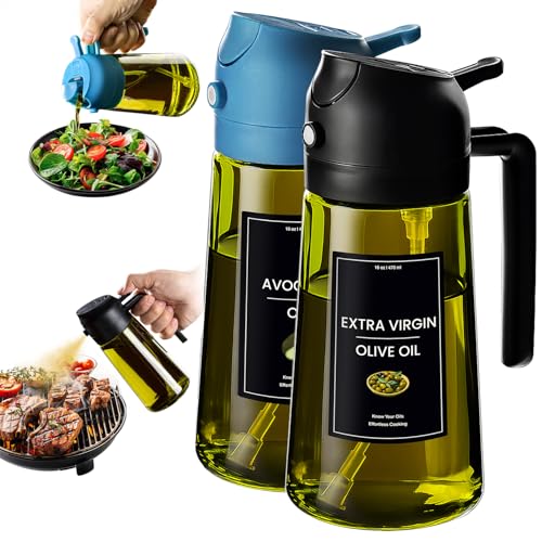 Image of CXINYI - 16oz /470ml Olive Oil Dispenser for Kitchen with Stickers - 2 in 1 Olive Oil Sprayer for Cooking, Air Fryer, and Salad, Black&Blue (Light-Proof Kitchen Gadget)