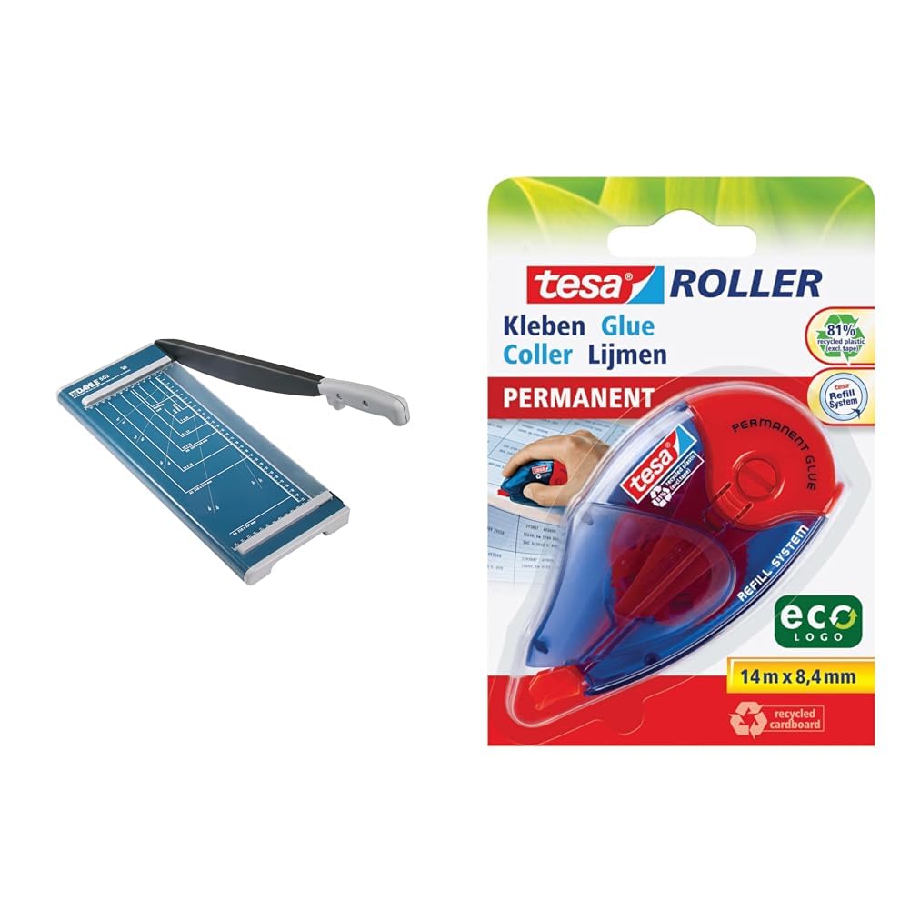 Dahle 502 Hebel-Papierschneider (bis DIN A4, Schnittlänge 320 mm, 8 Blatt Schneidleistung) Blau & tesa Roller Kleben Permanent ecoLogo - Nachfüllbarer Kleberoller