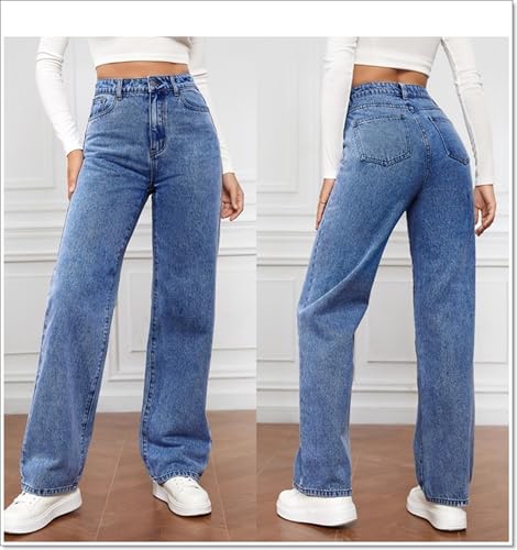 Womens High Waist Jeans Straight Leg Trendy Tummy Control Boyfriend Jeans Pockets Loose Wide Leg Ankle Denim Pants4