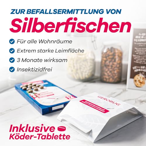 Gerobug Silberfischfalle 12 Stück mit giftfreiem Lockmittel in Allen Wohnräumen - Bonus-Guide zum Silberfische bekämpfen auch bei Spinnen- & Kakerlaken - Alternative zu Silberfisch Köderdose