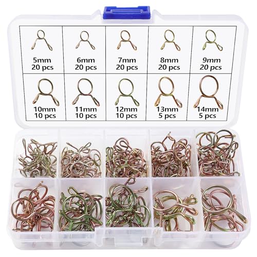 Lyeteung 140 Pièces 10 Tailles 5-14 mm Collier de Serrage de Ressort de Carburant à Unique Ligne Kit, Clip à Ressort Tuyau, Serrage Durite Essence...