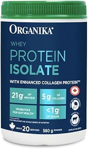 Organika Whey Protein Isolate Powder with Added Collagen Peptides and Probiotics for Easy Digestion- 21g of Protein, 5g of Fibre- Helps Build Strength and Lean Muscle + Aids Recovery- Unflavoured-580g
