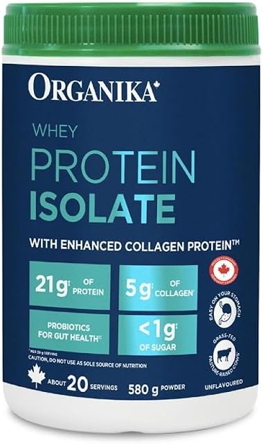 Organika Poudre isolate de protéines de lactosérum avec des peptides de collagène et des probiotiques pour la digestion facile- 21g des protéines, 5g de fibres- aide à construire la force et le muscle maigre + Récupération des aides Unflavoured-580g