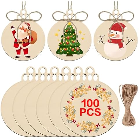 Raweao 100 Pcs Wood Ornaments for Crafts - DIY Natural Wood Slices with 100 Pieces Strings for New Year Christmas Tree Holiday Ornaments Cover