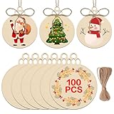 Raweao 100 Pcs Wood Ornaments for Crafts - DIY Natural Wood Slices with 100 Pieces Strings for New Year Christmas Tree Holiday Ornaments