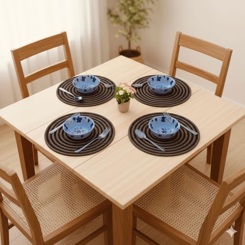Image of Cotton Rope Placemats, Round Red with White Border, Set of 4, Heat Resistant Table Mats (Coffee Beige)