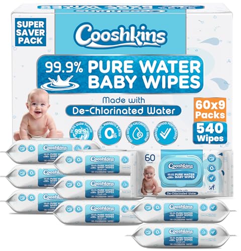 Bulk 540 Wipes – 60 Count (Pack of 9) De-Chlorinated Pure Water Baby Wipes | Gentle Unscented Wipes for Sensitive Skin | 99.9% Pure Water Based | Alcohol-Free, Paraben-Free | Soft &amp; Thick