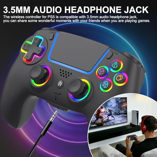 Image of ADHJIE Compatible with PS5 Controller, RGB LED Wireless Controller for PS5 | PS5 Slim /PS5 Pro /PC with 3.5mm Audio Headset Jack&1000mAh Built-in Battery, Turbo&Dual Vibration, Black