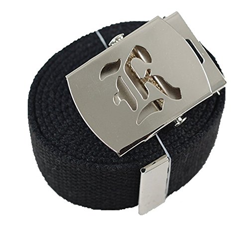 BodyJewelryOnline Old English Initial R Canvas Military Web Black Belt & Silver Buckle 60 Inch