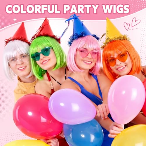 Image of Chunyin 8 Pieces Party Wigs and Sunglasses Set, Neon Short Wig Costume Cosplay Colorful Wig Hairpieces for Bachelorette Neon Party Favors, Halloween, Decorations (4 Colors)