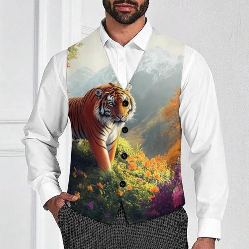 Tigers in The Mountains Suit Vest for Men Slim Fit Sleeveless Jacket V Neck Business Waistcoat Button Up Dressy Top4