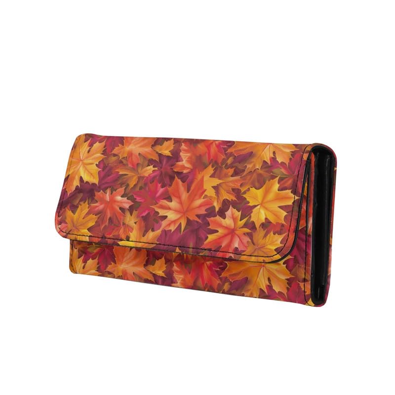 Fall Maple Leaves Leather Trifold Wallet for Women Orange Falling Leaf Print Magnet Buckle Card Holder Purse, Autumn Style Long Slim Wallet Zipper Money Manager