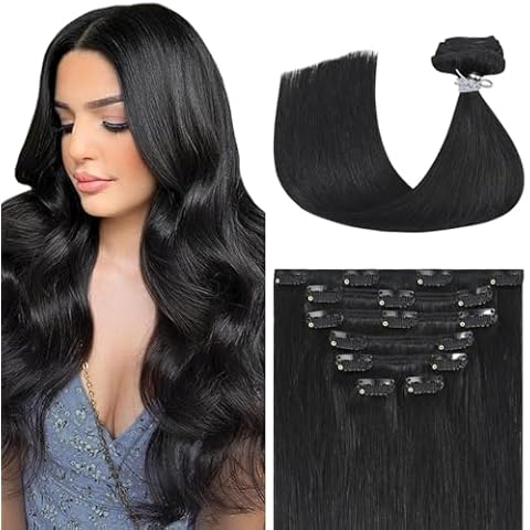 Aison Natural Black Real Hair Extensions Clip in Human Hair 70G 100% Remy Human Hair Clip in Extensions Soft Silky Straight 7pcs 16clips Hair Extensions 18 Inch Cover