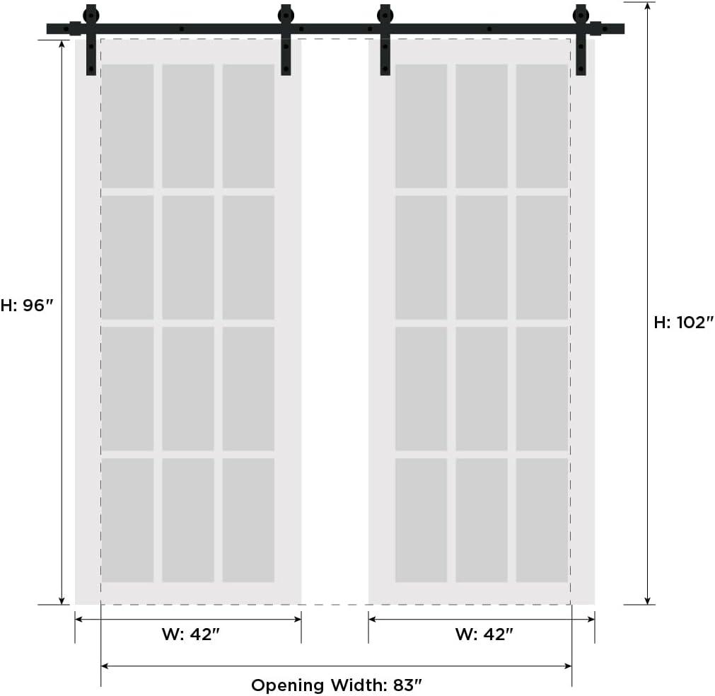 Sturdy Double Barn Door 84 x 96 inches with Clear Glass 12 Lites | Felicia 3355 Matte White | Stainless Steel 14FT Rail Hangers Heavy Set | Solid Panel Interior Doors