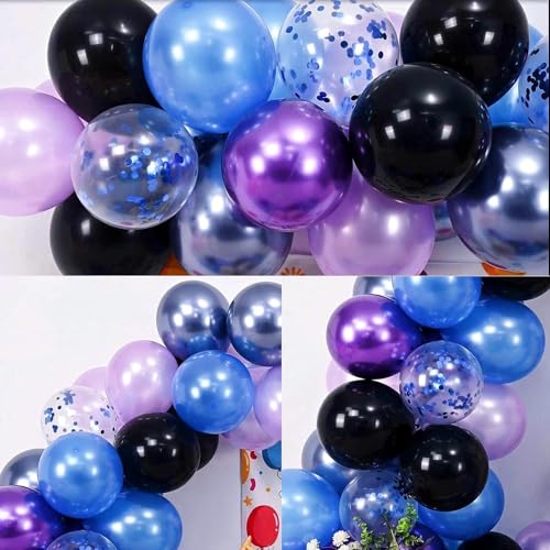 Image of Black Purple Blue Balloon, 60 PCS Outer Space Balloons, 12Inch Metallic Navy Blue Purple Black Balloon Pearl Purple Blue Confetti Latex Balloons for Kids Boys Astronaut Space Birthday Party Decoration