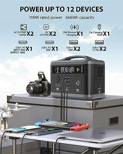 Portable Power Station 666Wh/700W (1400W Peak) OSCAL PowerMax 700 Power Multiple Devices Battery Backup Supply with AC Outlet 100W Type-C, Outdoor Solar Generator for Home Use/Camping/RVs/Off-Grid