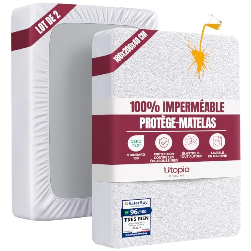 Utopia Bedding Protège Matelas 180 x 200 x 40 cm (Paquete de 2) Imperméable, Certifié Oeko TEX, Alèse Drap Housse, Matelas Couvre, Respirant, Élastique Tout Autour Blanc