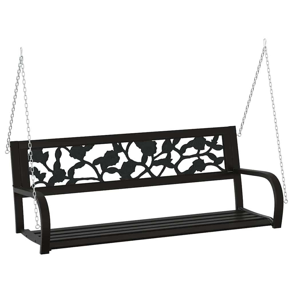 SYDE Banco Columpio de Jardín 125 cm Acero y Plástico Negro | Resistente a la intemperie, reposabrazos amplios, respaldo con estampado de rosas, cadenas incluidas