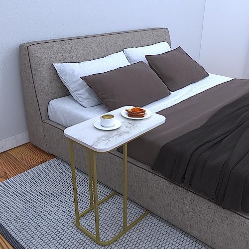 Image of DECOWORLD|| Metal Side Table with Marble Finish Wooden Top for Living Room, Sofa or Bed Side Stand