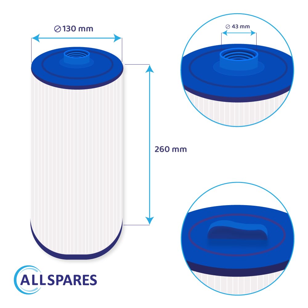 AllSpares Whirlpool - Cartuccia filtro di ricambio per piscina Rising Dragon RD35, Pleatco PWW50S, Darlly SC779, 40372, Aquavia, Magiline, diametro 130 x 260 mm, manico, filettatura grossa 38 mm