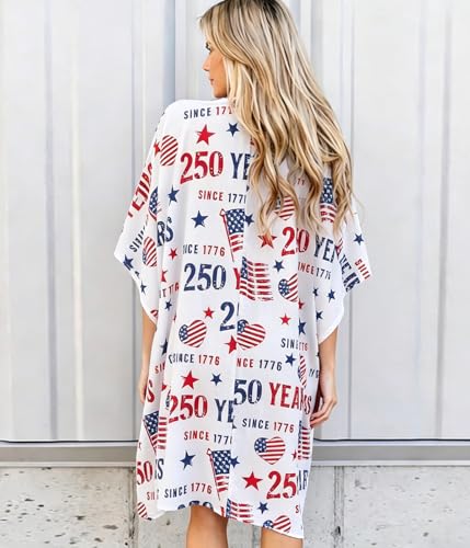 Image of Women's American Flag Kimono Cardigan 4th of July Cover Up Lightweight Patriotic Kimono Cover Up