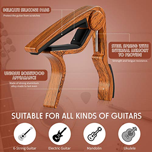 Wooden Guitar Stand with RoseWood Guitar Capo and Guitar Picks, X-Frame Style Portable String Instrument Holder with Soft Edge for Universal Acoustic Electric Classical Guitar Bass Banjo