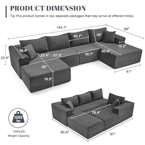 Image of Mangodan 140 inch Cloud Sectional Couch, Boneless Sofa for Living Room, Modular Sectional Sofa with Deep Seat, Comfy Fluffy U-Shaped Couch with Right-Facing Chaise, No Assembly Required, Grey