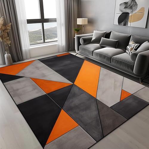 Tapis géométrique orange de luxe moderne grand modèle salon - 2