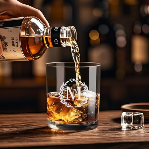 Image of Personalized Whiskey Glasses Gifts for Men, Monogrammed Engraved A-Z 10.6 oz Rocks Glass Customized Gift, Unique Christmas Birthday Gifts for Men Him Dad Husband Brother Son (M)