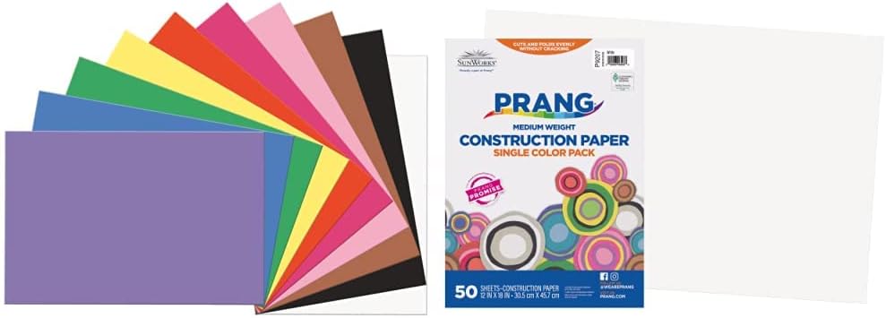 Prang (Formerly SunWorks) Construction Paper, 10 Assorted Colors, 12" x 18", 100 Sheets & Prang (Formerly SunWorks) Construction Paper, White, 12" x 18", 50 Sheets
