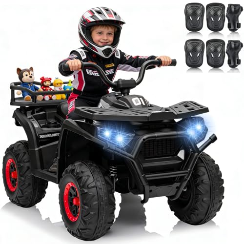 24V 4WD Kids ATV, Ride On Toy Car w/Kneepads, Music, LED Lights, 5Mph Max Speed, Rear Storage Rack, Spring Suspension, Safe Soft Start&Brake, Kids 4 Wheeler for Kids Boys Girls, L Black