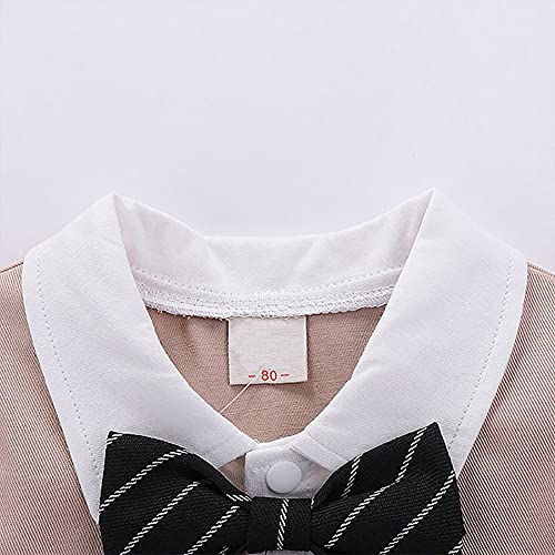Baby Boy One-Piece Rompers Short Sleeve Jumpsuit Gentleman White Shirt Waistcoat Bowtie Tuxedo Onesie Formal Suit Infant Birthday Wedding Christening Outfit Clothes With Hat Khaki + Hat 12-18 Months #TOP3