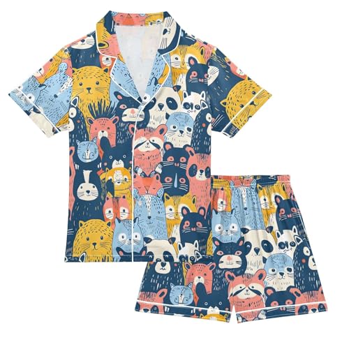 ALAZA Colored Animal Bear Satin Pajamas Set Short Sleeve Button Down Sleepwear Summer Pjs 2 Piece