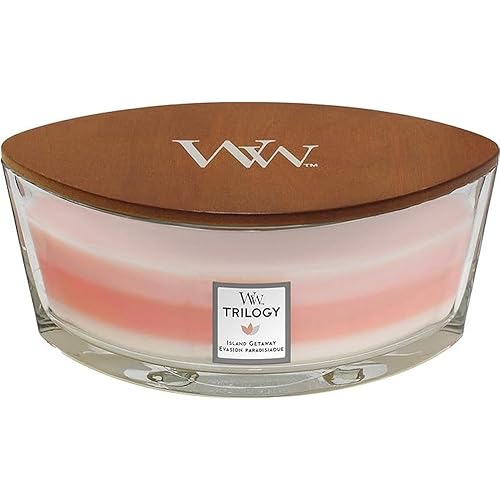 Immagine del prodotto Woodwick Ellipse Trilogy Candela Profumata Con Stoppino Scoppiettante, Fuga Su Un'Isola, Fino A 50 Ore, Rosa (Island Getaway)