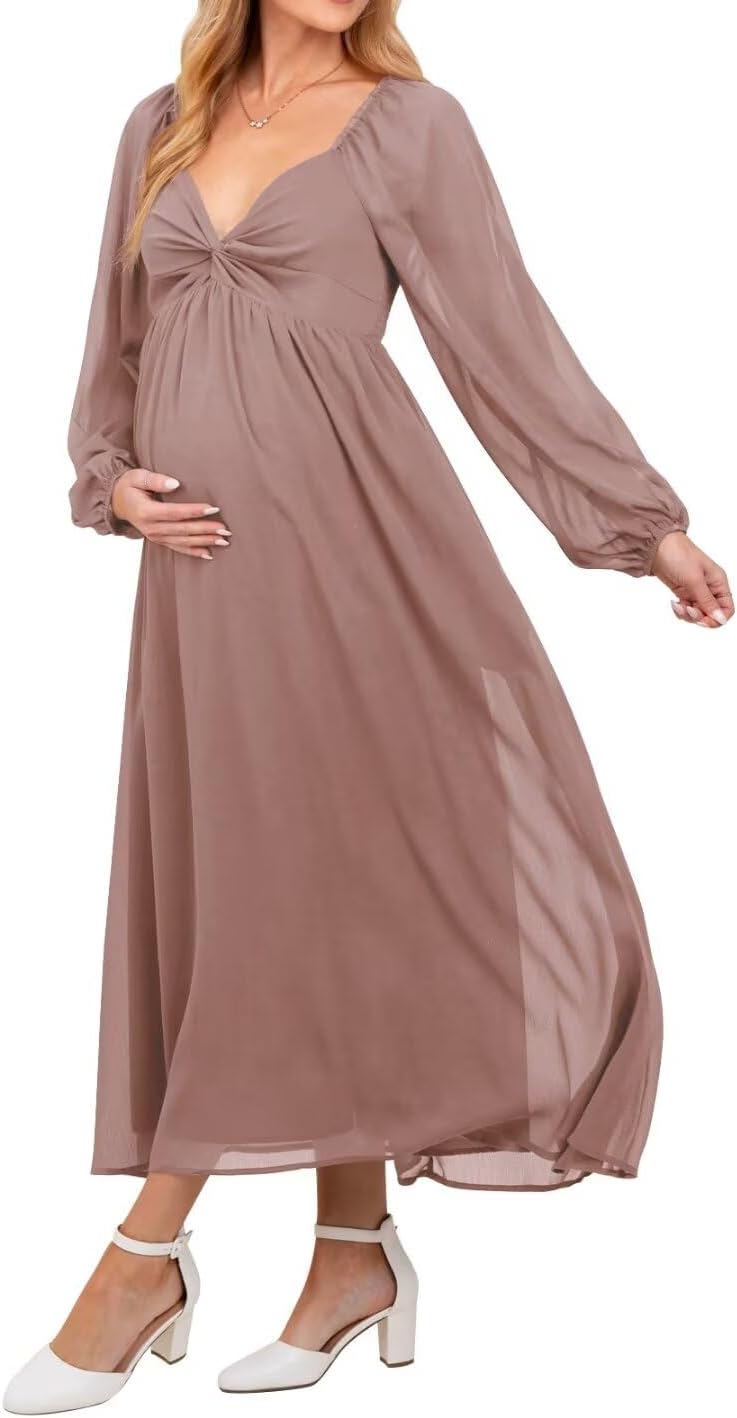 Chiffon V Neck Maternity Dresses for Baby Shower Long Puffy Sleeve Fall Pregnancy Photoshoot Dress for Women