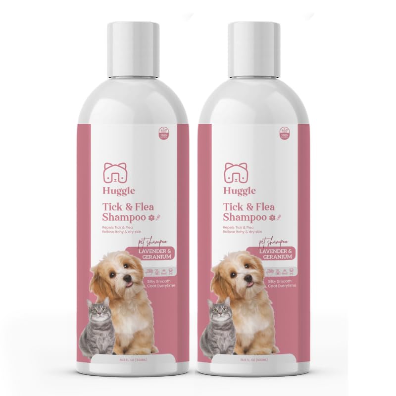 Huggle - Tick & Flea Repellant Natural Relief Shampoo for Dogs & Cats | with Lavender & Geranium for Silky, Smooth Coat - Pack of 2 - (2x500ml)