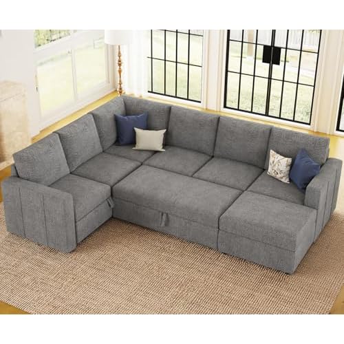 Belffin Modular Sectional Sleeper Sofa with Pull Out Couch, U Shaped Sleeper Pull Out Bed, Convertible Sectional Couches for Living Room, Light Grey Sleeper Sofa 4 Light Grey