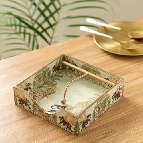 Image of Wooden Napkin Holder with Gold Engraving | Pack of 1 | Size : 7.5 x 7.5 inch | Enamel Coated Waterproof | Tissue Holder for Dining Table | (Elephant Napkin Holder)