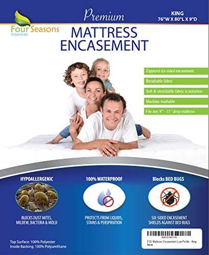 Four Seasons Essentials King Mattress Protector (8"-11" Depth) Bedbug Waterproof Zippered Encasement Hypoallergenic Premium Quality Cover Protects Against Dust Mites Allergens