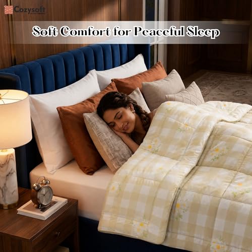 Image of Cozysoft Reversible AC Comforter Set| 220 GSM, Daisy Petal Check Double Bed | Lightweight Ultra Soft Microfiber Comforter| Quilt /Blanket /Duvets for All Weather
