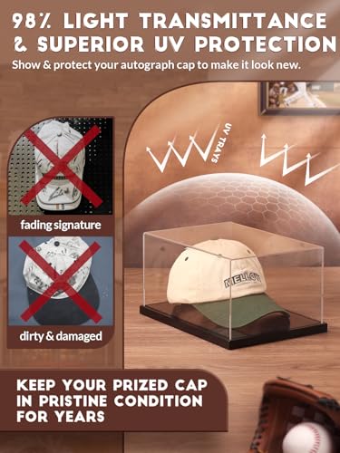 Image of JupDec Hat Display Case, Clear Acrylic Baseball Cap Display Box Stand, UV Protection Signed Hat Transparent Showcase with Solid Wood Base Risers & Hat Shaper, Ideal Gift for Caps Collector, Black