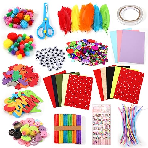 Lavoretti Creativi per Bambini, 1100+ Pezzi DIY Art Craft Set, Scovolini Colorati Kit Artigianali Mestiere Fai da Te Decorazioni Giocattoli, Bastoncini di Legno, Piume, Paillettes, Occhi Contorti