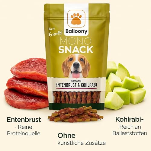 Balloony.pet Monosnack Kaustangen Entenbrust & Kohlrabi – Natürliche hundeleckerli für empfindliche Hunde – Luftgetrocknete leckerlies für Hunde (150g)