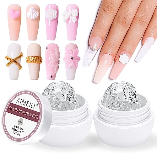 AIMEILI Builder Solid Gel, 2pcs Clair Non-Stick Solide Sculpture Gel, Multifonctions Gel de Construction Ongle UV pour Extension Décoration Allonge et Répare Nail Art Manucure DIY 30g
