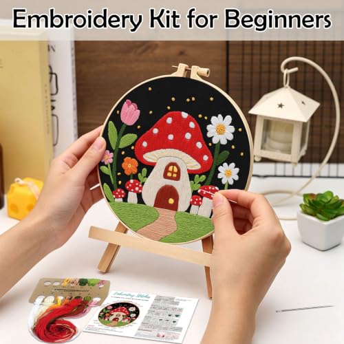 Image of Louise Maelys Mushroom Cottage Embroidery Kit for Adults with Complete Tool