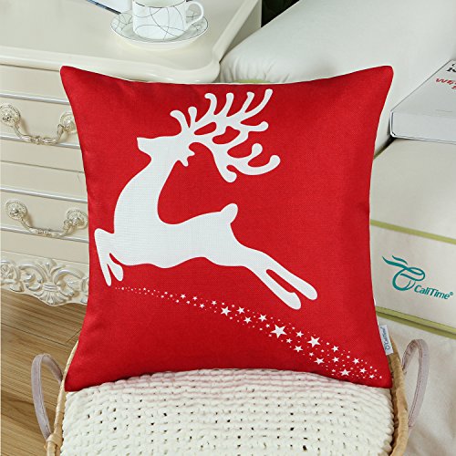 Calitime Pack Of 2 Soft Canvas Throw Pillow Covers Cases For Couch Sofa Home Decoration Christmas Holiday Reindeer With Stars Print 18 X 18 Inches Christmas Red #TOP2