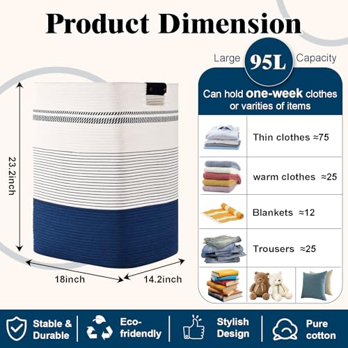 Image of Laundry Hamper, 95L Tall Laundry Basket with Leather Handles, Rectangle Large Clothes Hamper for Organizing, Cotton Woven Laundry Baskets Storage Hampers for Bedroom, Nursery, Living Room