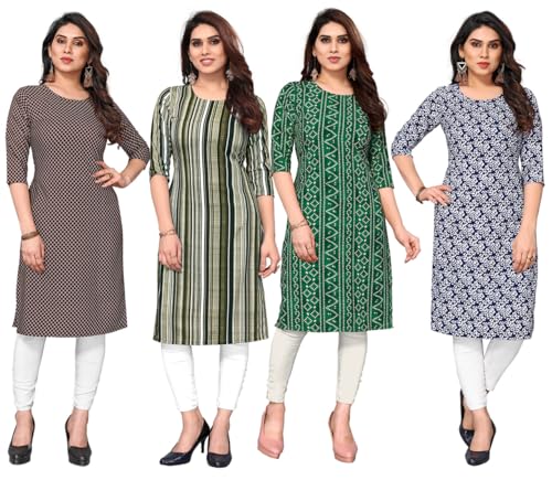 Image of JAKHANA Women's Crepe Printed Casual Straight Calf Length Round Nick Kurta Pack of 4