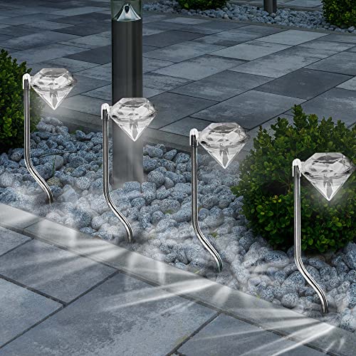 SA Products Solar Diamond Stake Lights - White LED Lamps for Outdoor Lighting - Colour-Changing Garden Decor for Pathway, Yard, Flower Bed - Weather-Proof, Waterproof, Easy to Install - 4-Pack